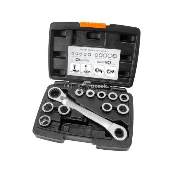 EXTOL PREMIUM racsnis csillag kulcs klt. 11db; cserélhető betétekkel: 8-19mm
CrV. 72 foggal, 2 irányú forgás