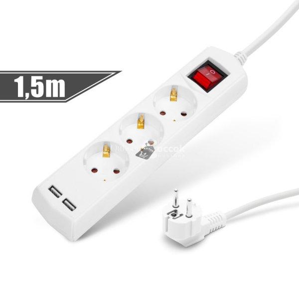 Delight Elosztó 3-as - 3 x 1,5 mm - 1,5 m - 2 x USB-vel - kapcsolós