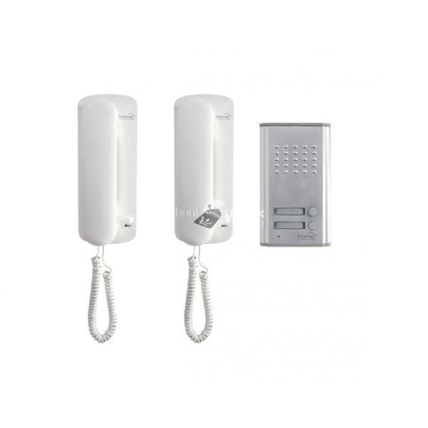 Home DP 012 kétlakásos vezetékes kaputelefon szett, kétvezetékes rendszer,
kiváló hangátvitel, kapunyitó elektronika, falba süllyeszthető külső
egység