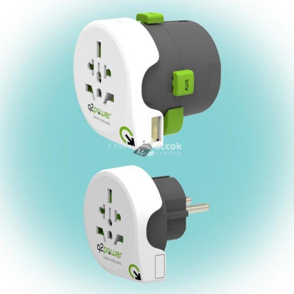 Q2POWER 2.100130 utazóadapter, Qdapter 360 USB, két készülék a szettben:
Qdapter (USB aljzattal) és World to Europe