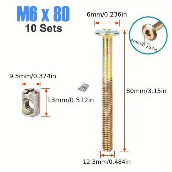 10 db M6 6mm-es bútorcsavar és anyacsavar készlet