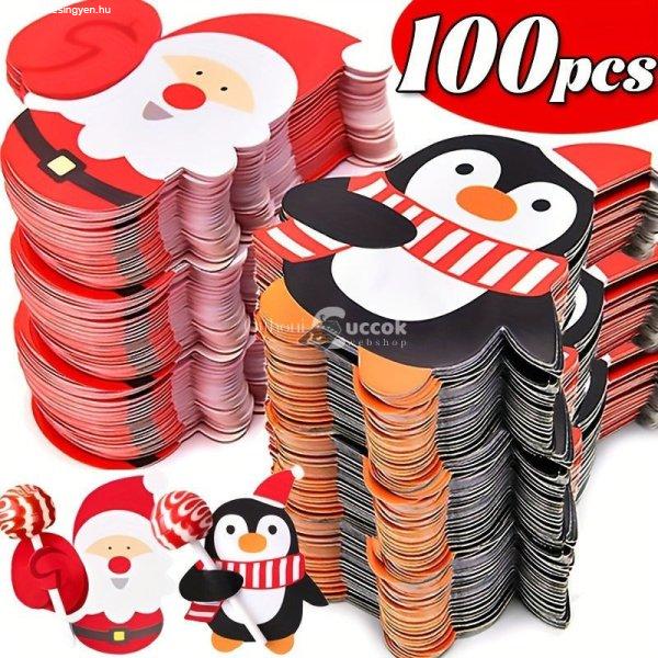 100 db-os karácsonyi nyalóka tartó kártya - Mikulás, pingvin, hóember
mintás ünnepi dekorációs csomagoló kiegészítő