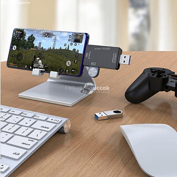 USB C - USB A csatlakozású microSD kártya olvasó, hordozható adattároló
eszköz kompatibilitással