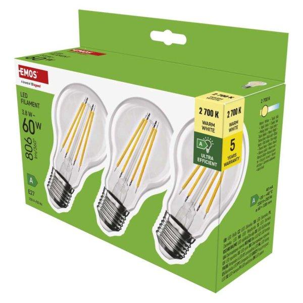 EMOS ZF5147.3, LED izzó Filament A60 / E27 / 3,8 W (60 W) / 806 lm / meleg
fehér 3db