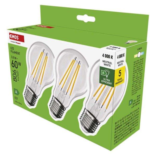EMOS ZF5148.3, LED izzó Filament A60 / E27 / 3,8 W (60 W) / 806 lm /
természetes fehér 3db