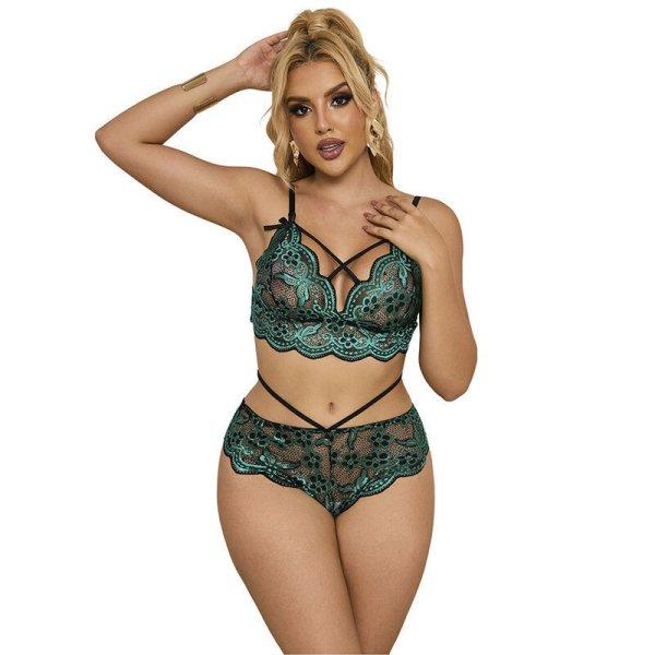 SUBBLIME – elegáns csipkés melltartó és tanga zöldben L/XL