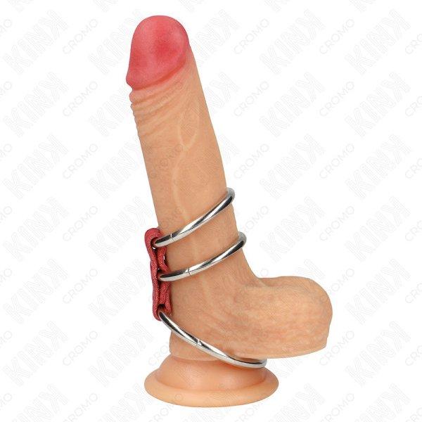 KINK – hármas fém péniszgyűrű piros bőrszíjjal