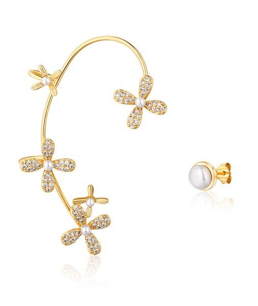 JwL Luxury Pearls Luxus aranyozott aszimmetrikus fülbevaló gyöngyökkel és
cirkónium kövekkel - jobb oldali fülbe JL0777
