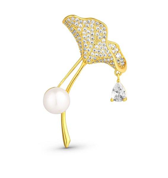 JwL Luxury Pearls Csillogó aranyozott 2 az 1-ben bross kristályokkal és
valódi gyönggyel Ginkgo JL0837