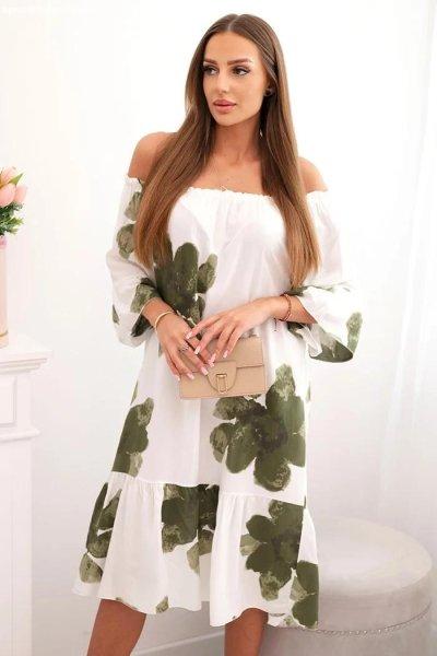 Virágmintás midi ruha, váll nélküli, 21301-es modell, khaki színben