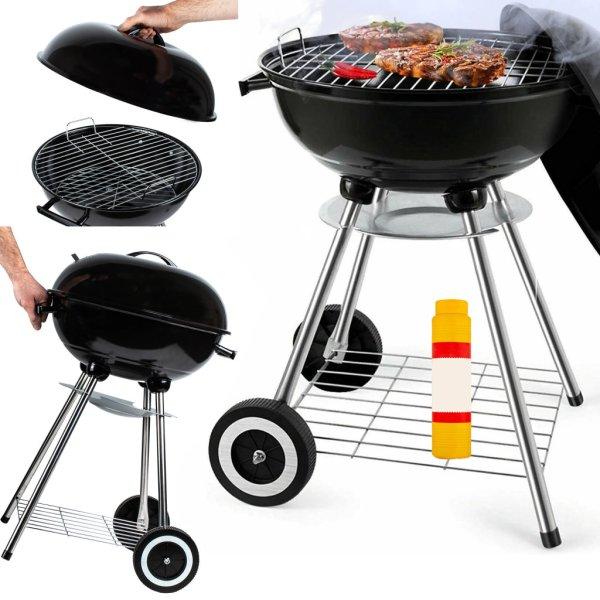 Grill Master faszenes kerti grill fedéllel - mobil, kerekes kivitel, extra
tárolópolccal