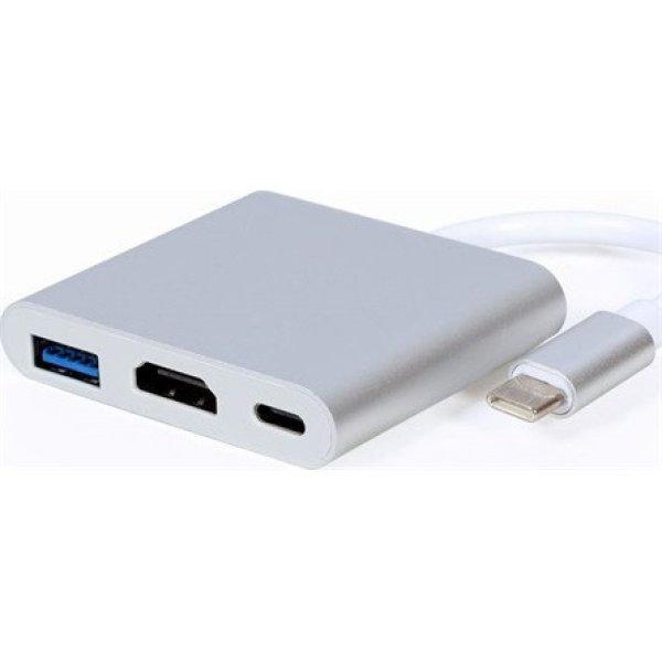 Gembird USB-C -> 1db HDMI 1.4 1db USB-C 1db USB-A 2.0 M/F adapter 0.15m
ezüst-fehér