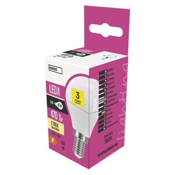 EMOS ZQ1220, LED izzó Classic Mini Globe / E14 / 5 W (40 W) / 470 lm / meleg
fehér