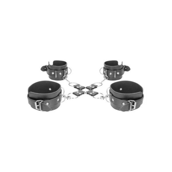 Shots Ouch! Black & White Bonded Leather Hogtie, bilincsek és lábvasak és
kereszt a megkötözéshez
