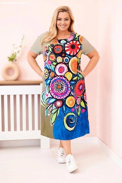 Viszkóz oversize ruha színes nyomtatással, 2189-es modell, khaki színben