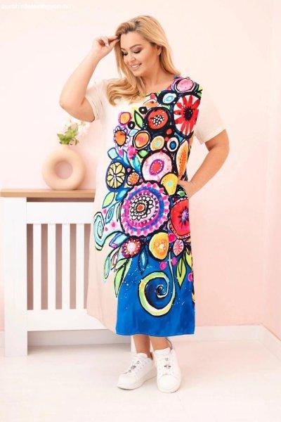 Viszkóz oversize ruha színes nyomtatással, 2189-es modell, bézs