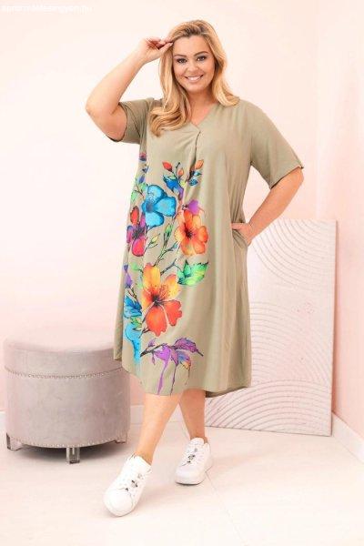 Viszkóz oversize ruha virágmintával, 2172-es modell, khaki színben
