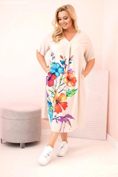 Viszkóz oversize ruha virágmintával, 2172-es modell, bézs