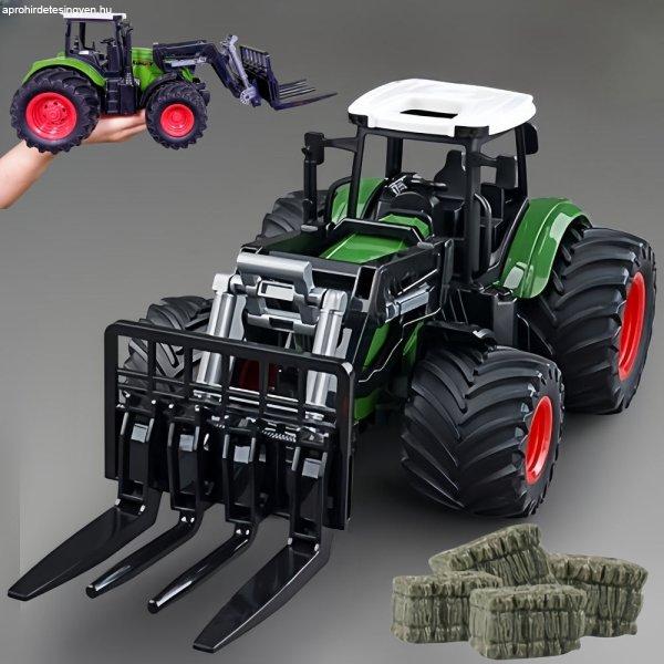 1/24 méretarányú traktor játékkészlet rakodókarral és széna bálákkal