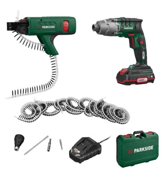 ParkSide PTBSA 20-Li A1 SZETT X20V 20V 2Ah 15 Nm akkus gipszkarton / szárazfal
csavarozó, csavar behajtó kofferben, akkuval és töltővel, tárral és 500
darabos csavarozó övvel