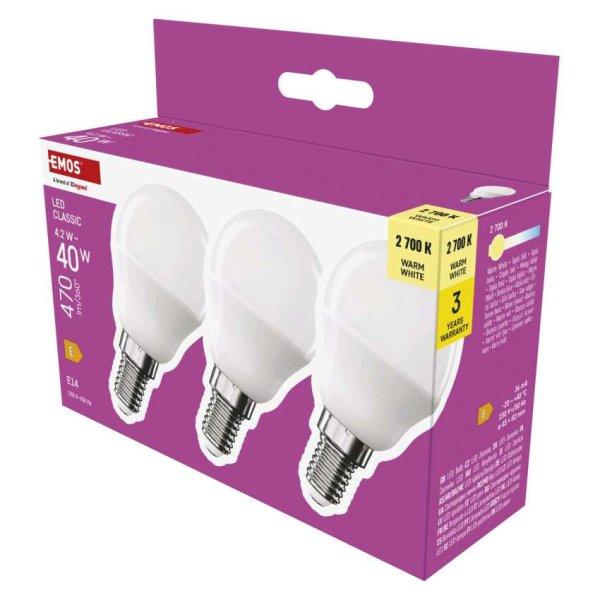 EMOS ZQ1E21-3, LED izzó Classic Mini Globe / E14 / 4,2 W (40 W) / 470 lm /
Meleg fehér