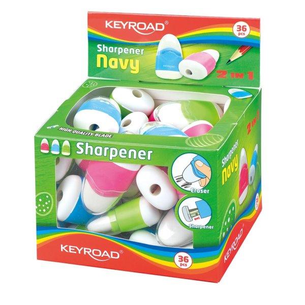 Hegyező 1 lyukú tartályos, radírral 36 db/display Keyroad Navy vegyes
színek