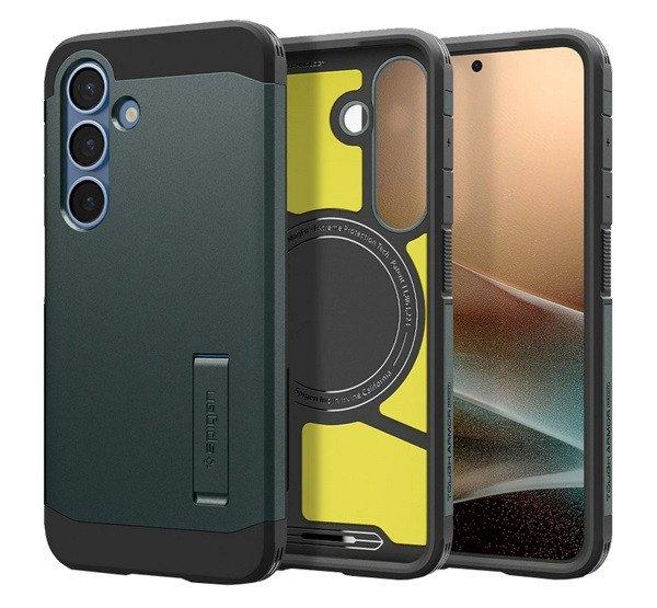 SPIGEN TOUGH ARMOR MAG műanyag telefonvédő (ütésállóság, kitámasztó,
MagSafe) SÖTÉTZÖLD Samsung Galaxy S25 (SM-S931)