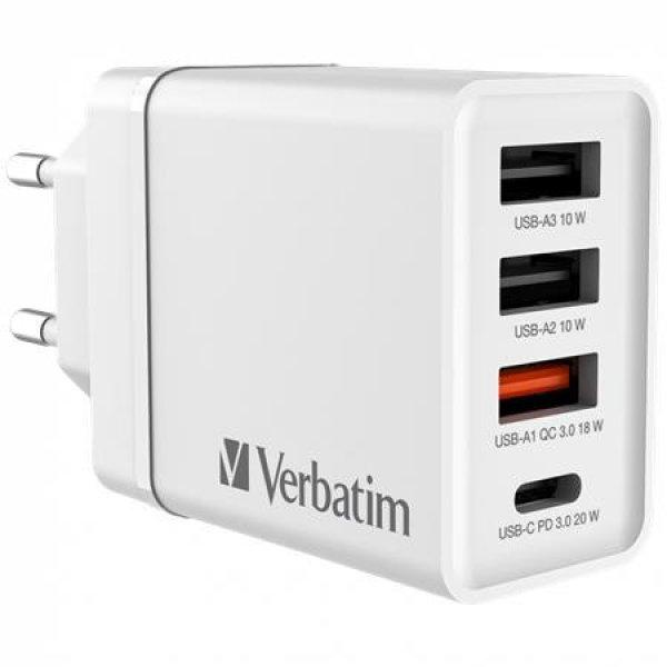 Hálózati töltő, 1xUSB-C PD (20W), USB-A QC 3.0, 2xUSB-A (10W), VERBATIM,
fehér