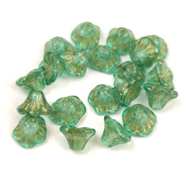 Cseh préselt virág gyöngy - harangvirág - Crystal Green Gold - 7x5mm