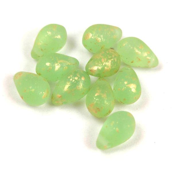 Cseh préselt csepp gyöngy - Matt Mint Gold Splash - 6x9mm (tetején fúrt)