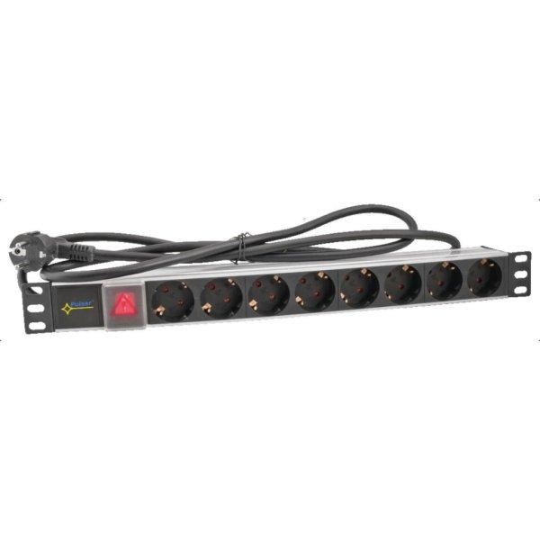 Pulsar RALZ/F elosztósáv, rackszekrénybe építhető, 230 V AC
betáplálású, 19"-os, 8 aljzattal, kapcsolóval, 1,73 m szerelt
kábellel