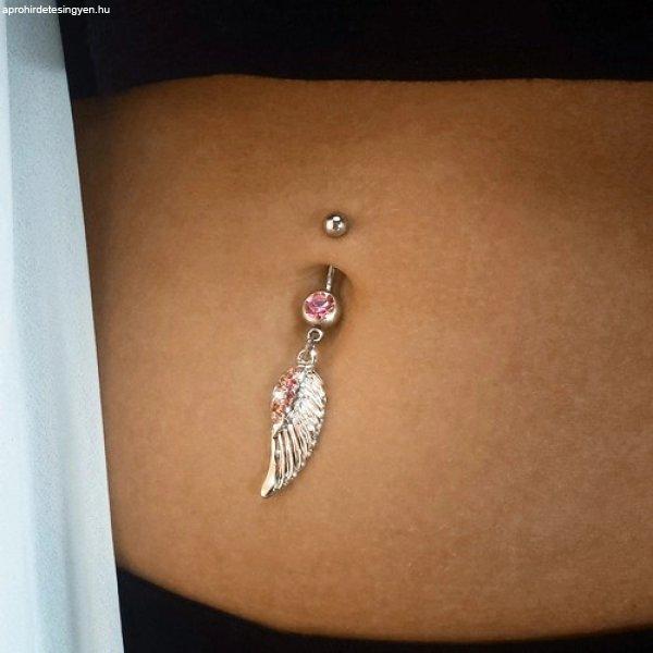 Piercing 316L acélból, ezüst szín, angyal szárny, rózsaszín cirkóniák