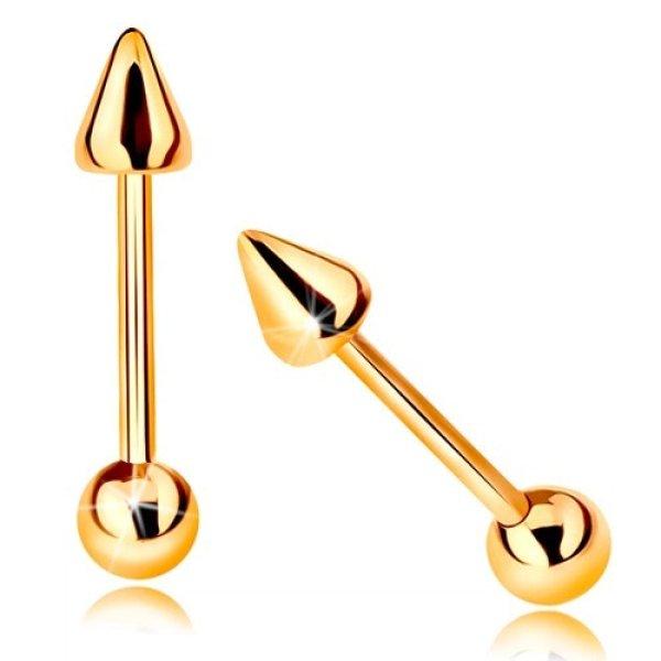 9K arany piercing - fényes egyenes súlyzó golyóval és kúppal, 10 mm
