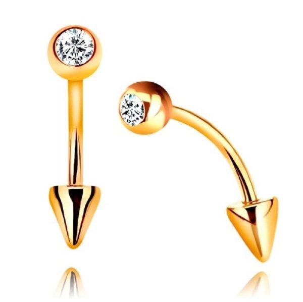 Piercing sárga 14K aranyból - hajlított súlyzó golyóval és kúppal,
átlátszó cirkónia, 10 mm
