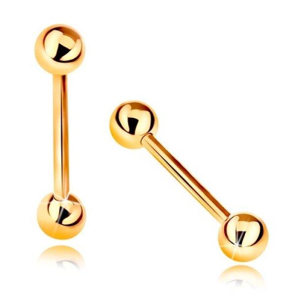 Piercing sárga 14K aranyból - súlyzó, két fényes sima golyó, 16 mm