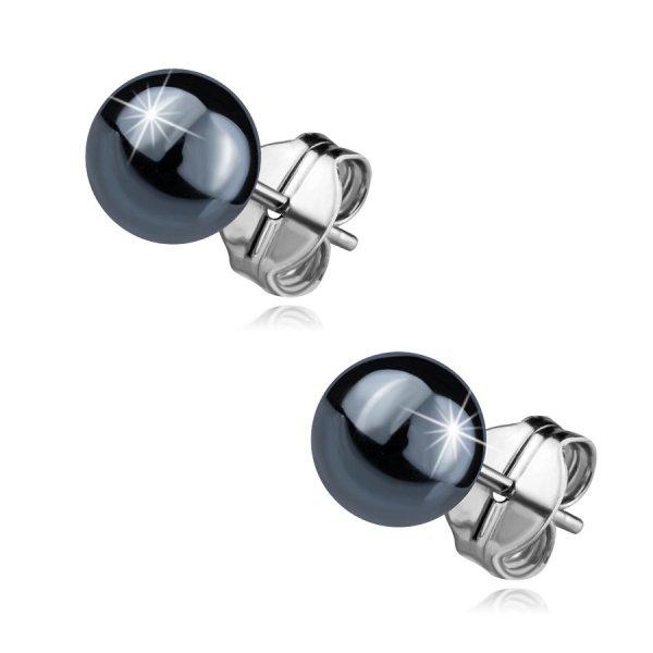 925 Ezüst fülbevaló - sötétszürke hematit gyöngy, 6 mm