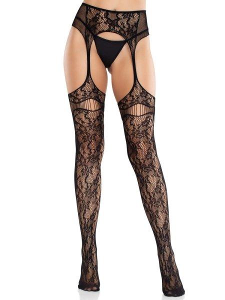  Net Stockings with Attached Garter Belt - Black O/S 