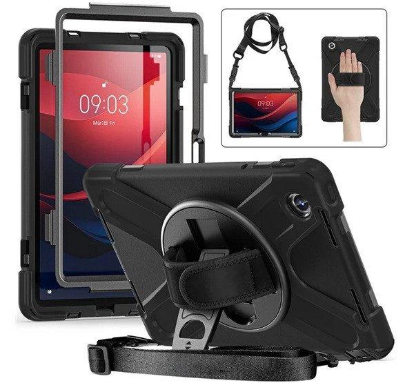 Defender műanyag telefonvédő (ütésállóság, kitámasztó, 360° +
kézpánt, vállpánt) FEKETE Lenovo Tab M11 (TB330)