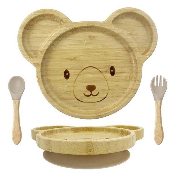 Elite Home® mackó formájú bambusz tányér tapadókorongos talppal, gyermek
étkezőkészlet szilikon fejű kanállal és villával, 3 db-os szett
