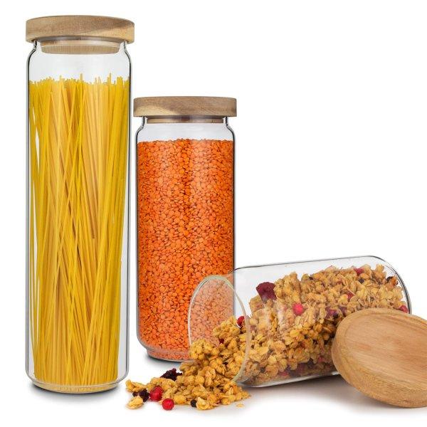 Klarstein Lovage, tárolóedények, 3 darabos készlet, 0,75 / 1,1 / 1,5 L,
boroszilikát üveg, akácfa fedél, szilikon