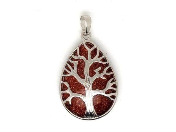 Felezett csepp medál fa goldstone vörös 25x35mm