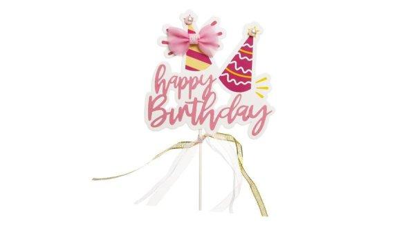 Rózsaszín Happy Birthday szülinapi tortadísz beszúró