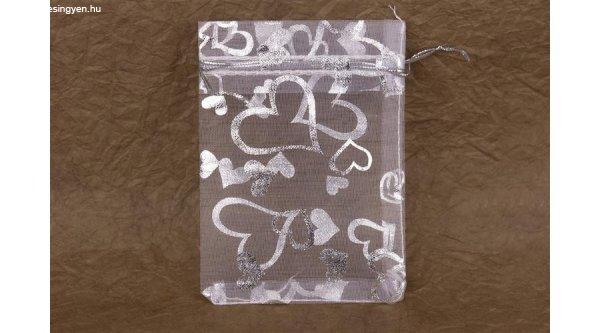 12 db ezüst szívecskés organza tasak 9*12 cm