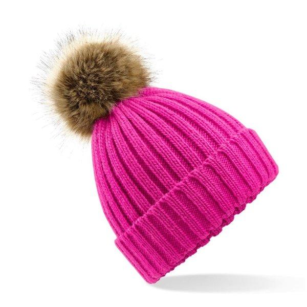 Beechfield Kötött sapka bundás pomponnal Pom Pom Chunky - Fuksziaszín