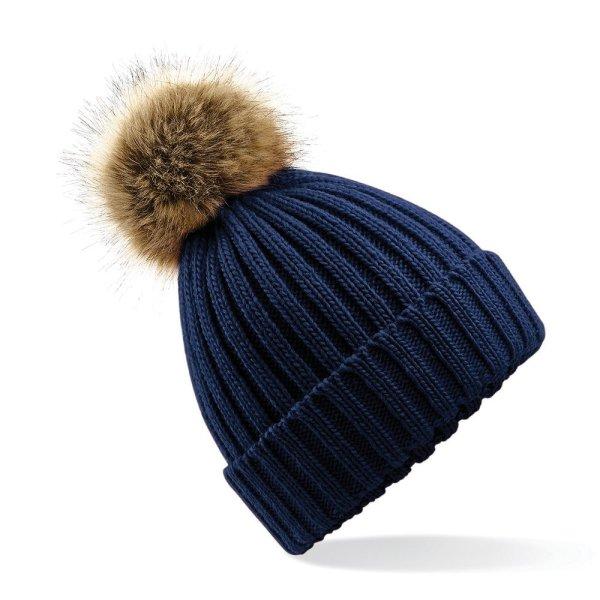 Beechfield Kötött sapka bundás pomponnal Pom Pom Chunky - Tengerészkék