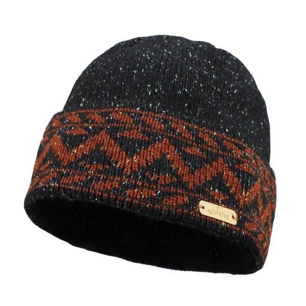 Bontis Merinó sapka cikkcakkos mintával - Fekete / földimogyoró | unisex