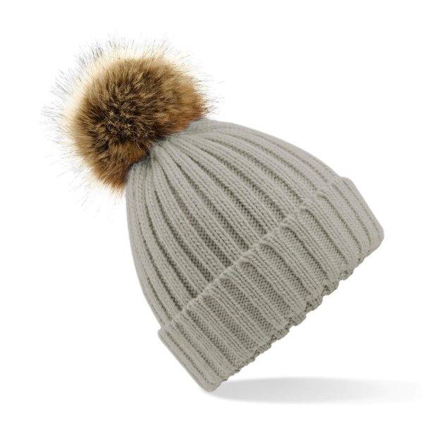 Beechfield Kötött sapka bundás pomponnal Pom Pom Chunky - Világos szürke