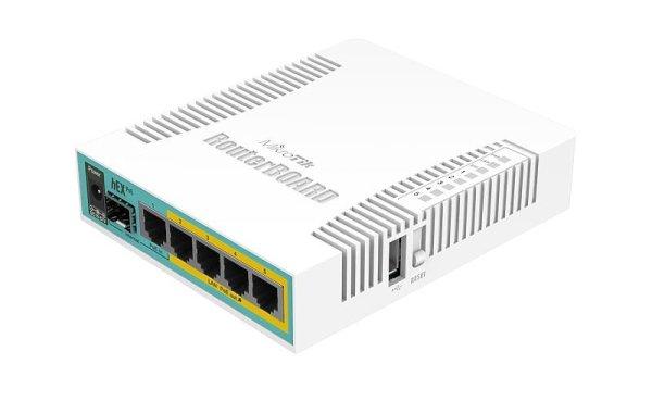MIKROTIK RouterBOARD hEX PoE + L4 (800MHz; 128MB RAM, 5xGLAN switch, PoE in/out,
forrás)