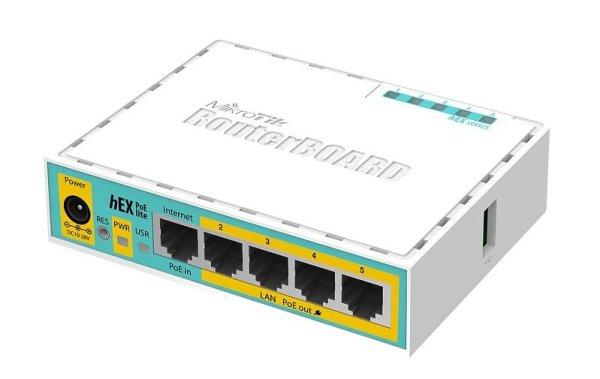 MIKROTIK RouterBOARD hEX PoE lite + L4 (650MHz, 64 MB RAM, 5xLAN switch, USB,
plastic case, forrás)