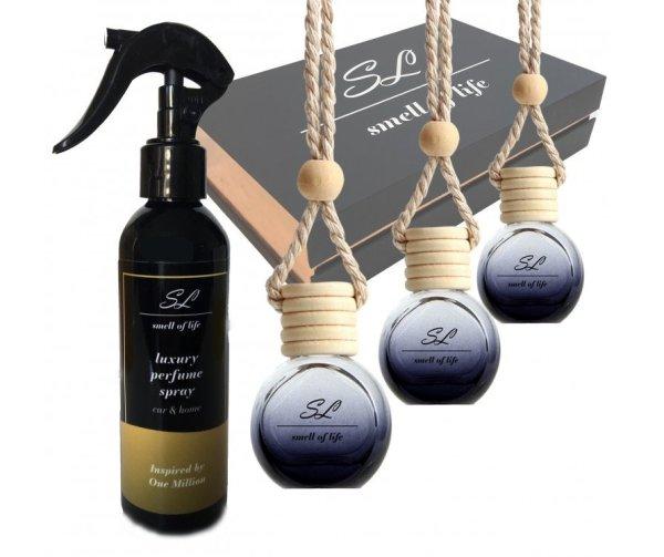Smell of Life Smell of Life férfiaknak - parfüm spray One Million 200 ml + 3 x
10 ml autóillatosító (One Million, Sauvage, Bottled)